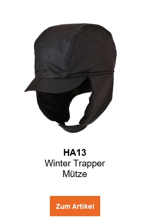 Bild der HA13 Winter Trapper Mütze in Schwarz mit hinterlegtem Link zum Artikel.