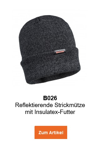 Mit der B029 Reflektierenden Strickmütze mit Insulatex-Futter in Grau mit hinterlegtem Link, der zum Artikel führt.