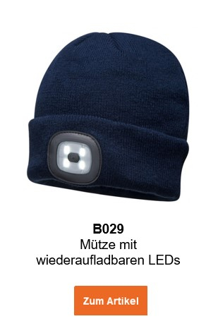 Bild der B029 Mütze mit wiederaufladbaren LEDs in Schwarz mit hinterlegtem Link zum Artikel.