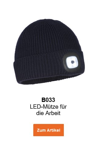 Bild der B033 LED-Mütze für die Arbeit in Schwarz mit hinterlegtem Link, der zur Artikelseite führt.