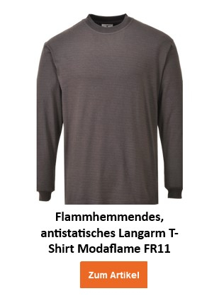 Ein graues, flammhemmendes und antistatisches Langarmshirt. Das Flammhemmende, Antistatische Langarm-T-Shirt FR11 hat einen Rundhalsausschnitt und lange Ärmel, ohne sichtbare Taschen oder Verzierungen. Es ist schlicht und bietet Schutz vor Hitze und elektrostatischer Aufladung. Der Name des Kleidungsstückes steht darunter und ein oranger Button/Klick aufs Bild führt zum Artikel.