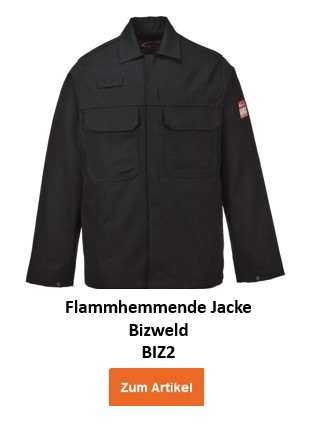 Eine schwarze, flammhemmende Jacke mit langen Ärmeln. Die Flammhemmende Jacke Bizweld BIZ2 hat zwei Brusttaschen mit Klappen und wird vorne mit Knöpfen geschlossen. Auf dem linken Ärmel befindet sich ein Sicherheitszertifikat-Aufnäher. Der Name des Kleidungsstückes steht darunter und ein oranger Button/Klick aufs Bild führt zum Artikel.