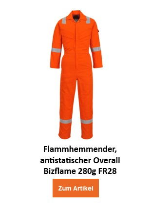 Ein orangefarbener, flammhemmender und antistatischer Schutzoverall mit silbernen reflektierenden Streifen an Armen, Beinen und Schultern. Der Flammhemmende, Antistatische Overall Bizflame 280g FR28 hat zwei Brusttaschen und wird mit einem Reißverschluss geschlossen. Der Name des Kleidungsstückes steht darunter und ein oranger Button/Klick aufs Bild führt zum Artikel.