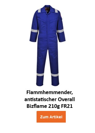 Ein blauer, flammhemmender und antistatischer Schutzoverall mit silbernen reflektierenden Streifen an Armen, Beinen und Schultern. Der Flammhemmende, Antistatische Overall Bizflame 210g FR21 hat zwei Brusttaschen und wird mit einem Reißverschluss geschlossen. Der Name des Kleidungsstückes steht darunter und ein oranger Button/Klick aufs Bild führt zum Artikel.