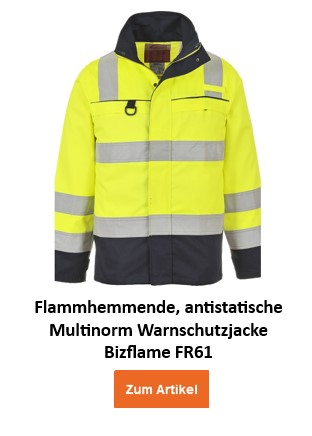 Eine gelb-schwarze, hochsichtbare Jacke mit silbernen reflektierenden Streifen an Armen, Brust und Taille. Die Flammhemmende, Antistatische Multinorm Warnschutzjacke Bizflame FR61 hat eine hohe Kragen, einen Reißverschluss und eine zusätzliche Druckknopfverschlüsse vorne. Sie verfügt über mehrere Taschen, darunter eine Brusttasche mit Reißverschluss. Die untere Hälfte der Jacke ist schwarz, während der Rest gelb ist, um bessere Sichtbarkeit zu gewährleisten. Der Name des Kleidungsstückes steht darunter und ein oranger Button/Klick aufs Bild führt zum Artikel.