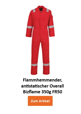 Ein roter, flammhemmender und antistatischer Schutzoverall mit silbernen reflektierenden Streifen an Armen, Beinen und Schultern. Der Flammhemmende, Antistatische Overall Bizflame 350g FR50 hat zwei Brusttaschen und wird mit einem Reißverschluss geschlossen. Der Name des Kleidungsstückes steht darunter und ein oranger Button/Klick aufs Bild führt zum Artikel.