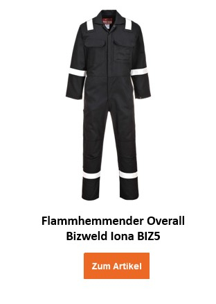 Ein schwarzer, flammhemmender und antistatischer Schutzoverall mit weißen reflektierenden Streifen an Armen, Beinen und Schultern. Der Flammhemmende Overall Bizweld Iona BIZ5 hat zwei Brusttaschen und wird mit einem Reißverschluss geschlossen. Der Name des Kleidungsstückes steht darunter und ein oranger Button/Klick aufs Bild führt zum Artikel. Der Name des Kleidungsstückes steht darunter und ein oranger Button/Klick aufs Bild führt zum Artikel.