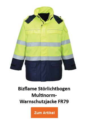 Bizflame Störlichtbogen Multinorm-Warnschutzjacke FR79 in gelber Farbe mit reflektierenden Streifen, speziell für den Schutz vor Lichtbögen konzipiert. Ein Link zur Artikelseite ist hinterlegt.