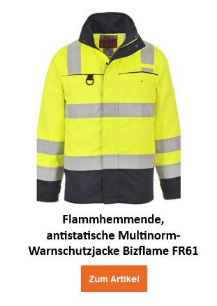 Flammhemmende, antistatische Multinorm-Warnschutzjacke Bizflame FR61 in gelber Farbe mit reflektierenden Streifen, bietet umfassenden Schutz und Sichtbarkeit. Ein Link zur Artikelseite ist hinterlegt.