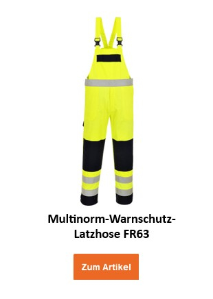 Multinorm-Warnschutz-Latzhose FR63 in gelber Farbe mit reflektierenden Streifen, bietet Schutz und Sichtbarkeit bei der Arbeit. Ein Link zur Artikelseite ist hinterlegt.