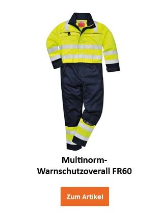 Multinorm-Warnschutzoverall FR60 in gelber und dunkelblauer Farbe mit relfektierenden Streifen. Ein Link zur Artikelseite ist hinterlegt.