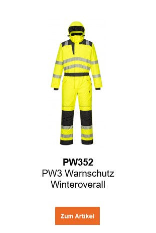 Bild des PW3 Warnschutz Winteroveralls PW352 in Warngelb mit hinterlegtem Link, der zur Artikelseite führt.