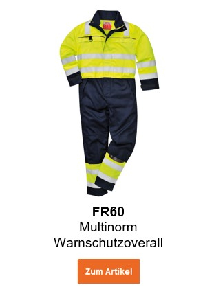 Bild des Multinorm Warnschutzoveralls FR60 in Gelb und Blau mit hinterlegtem Link, der zur Artikelseite führt.