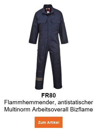 Bild des Flammhemmenden, anstistatischen Multinorm Arbeitsoveralls Bizflame FR80 in Blau mit hinterlegtem Link, der zur Artikelseite führt.