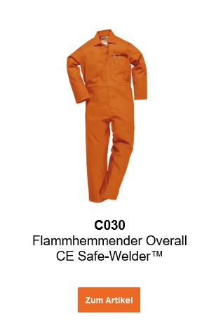 Bild des Flammhemmenden Overalls CE Safe-Welder™ C030 in Orange mit hinterlegtem Link, der zur Artikelseite führt.