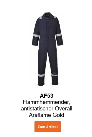 Bild des Flammhemmenden, antistatischen Overalls Araflame Gold AF53 in Blau mit hinterlegtem Link, der zur Artikelseite führt.