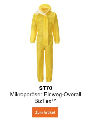 Bild des Mikroporösen Einweg-Overalls BizTex™ ST70 in Gelb mit hinterlegtem Link, der zur Artikelseite führt.