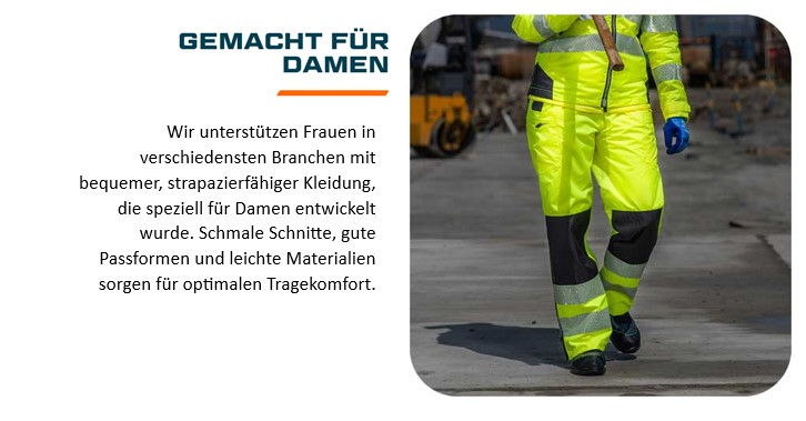 Torso und Beine einer Arbeiterin in gelber Arbeitskleidung. Hinterlegt ist ein Link, der zu unserer Arbeitskleidung für Damen führt.