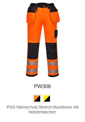 PW3 Warnschutz Stretch-Bundhose mit Holstertaschen PW306 in Orange mit schwarzen Details und hinterlegtem Link zum Artikel. 