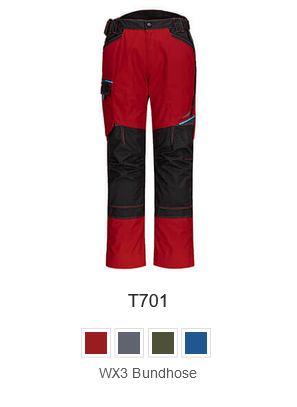 WX3 Bundhose T701 in Rot mit hinterlegtem Link, der zur Artikelseite führt.