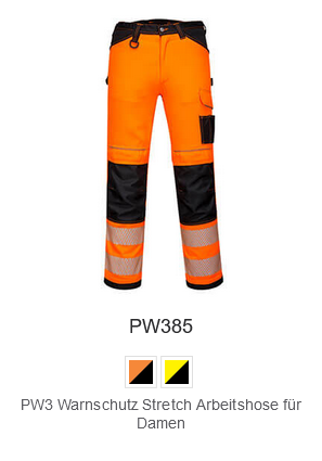 PW3 Warnschutz Stretch Arbeitshose für Damen PW385 in Orange mit schwarzen Details und hinterlegtem Link, der zur Artikelseite führt.