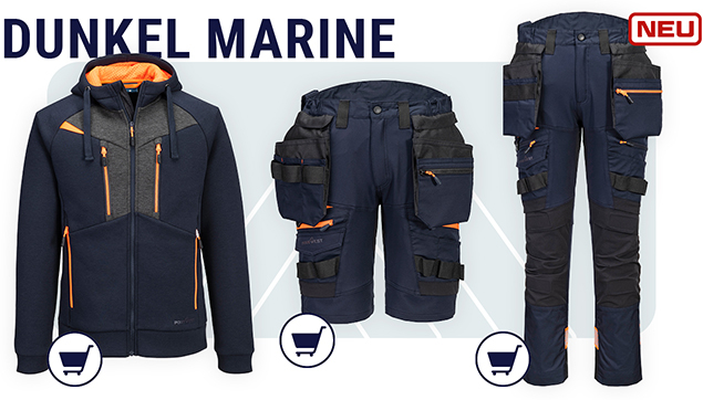 DX4 Hoodie mit Reißverschluss DX472 in Dunkel-Marine mit hinterlegtem Link, der zum Artikel führt. Rechts daneben befindet sich ein Bild der DX4 Shorts mit abnehmbaren Holstertaschen DX444 in Dunkel-Marine mit hinterlegtem Link zum Artikel und die DX4 Bundhose mit abnehmbaren Holstertaschen in Dunkel-Marine mit einem hinterlegten Link zur Artikelseite. 