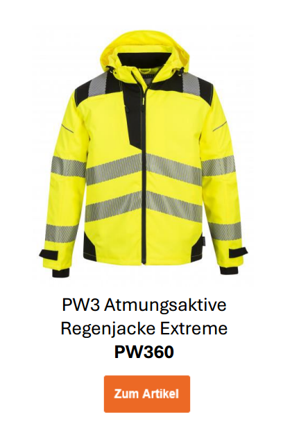 Bild der PW3 Atmungsaktiven Regenjacke Extreme PW360 in Gelb mit reflektierenden Streifen. Ein Link zur Artikelseite ist hinterlegt. 