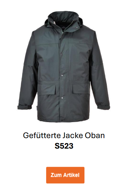 Bild der Gefütterten Jacke Oban S523 in Schwarz. Ein Link zur Artikelseite ist hinterlegt.