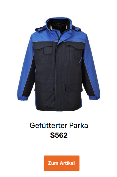 Bild des Gefütterten Parkas S562 in Marineblau mit royalblauen Details. Ein Link zur Artikelseite ist hinterlegt.