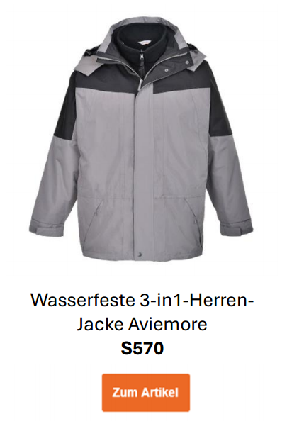 Bild der Wasserfesten 3-in-1-Herren-Jacke Aviemore S570 in Grau mit schwarzen Details. Ein Link zur Artikelseite ist hinterlegt.