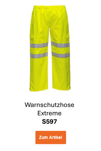 Bild der Warnschutzhose Extreme S597 in Gelb mit reflektierenden Streifen. Ein Link zur Artikelseite ist hinterlegt. 