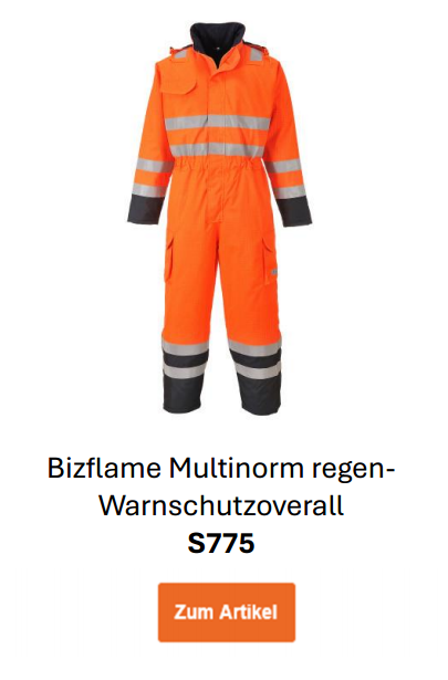 Bild des Bizflame Multinorm Regen-Warnschutzoveralls S775 in Orange mit reflektierenden Streifen und blauen Details. Ein Link zur Artikelseite ist hinterlegt. 