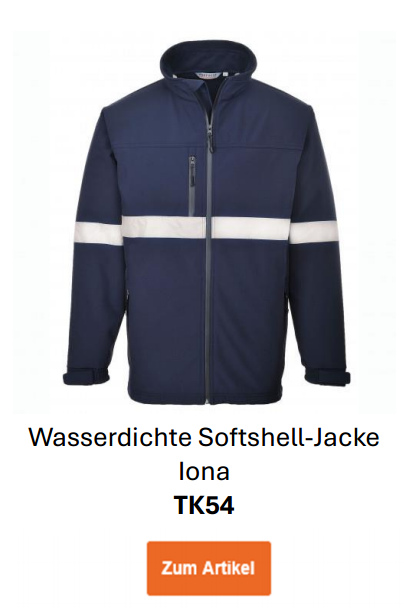 Bild der Wasserdichten Softshell-Jacke Iona TK54 in BLau mit relfektierenden Streifen. Ein Link zur Artikelseite ist hinterlegt. 