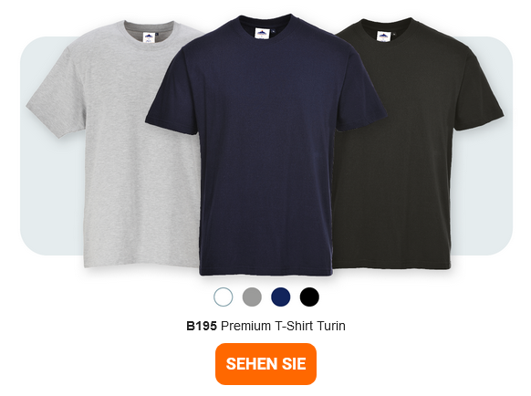 Drei T-Shirts in verschiedenen Farben (grau, dunkelblau und schwarz) nebeneinander angeordnet. Unter den T-Shirts sind kleine Farbpunkte in Grau, Weiß, Dunkelblau und Schwarz zu sehen. Darunter befindet sich der Text "B195 Premium T-Shirt Turin". Ein orangefarbener Button mit hinterlegtem Link zur Artikelseite ist unten im Bild platziert.