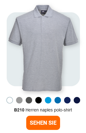 Ein graues Herren-Polo-Shirt, bezeichnet als "B210 Herren naples polo-shirt". Unter dem Polo-Shirt sind kleine Farbpunkte in Grau, Hellblau, Schwarz, Dunkelblau, Blau und Dunkelblau zu sehen. Darunter befindet sich der Text "B210 Herren naples polo-shirt". Ein orangefarbener Button mit hinterlegtem Link zur Artikelseite ist unten im Bild platziert.