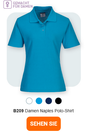 Ein blaues Damen-Polo-Shirt, bezeichnet als "B209 Damen Naples Polo-Shirt". Unter dem Polo-Shirt sind kleine Farbpunkte in Weiß, Hellblau, Blau und Schwarz zu sehen. Darüber befindet sich ein Symbol mit der Aufschrift "GEMACHT FÜR DAMEN". Darunter steht der Text "B209 Damen Naples Polo-Shirt". Ein orangefarbener Button mit hinterlegtem Link zur Artikelseite ist unten im Bild platziert.