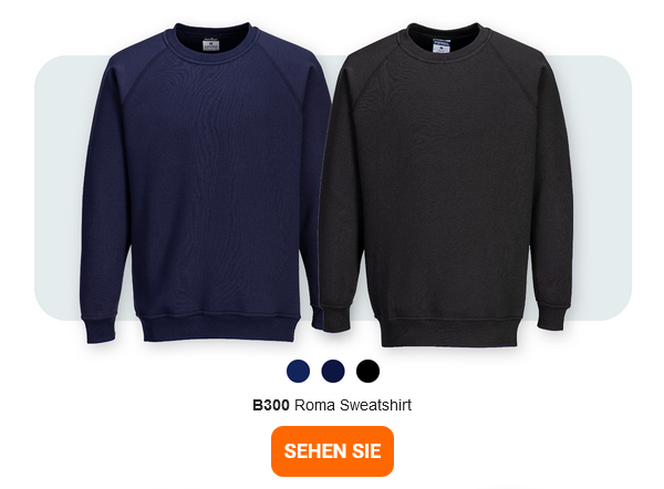 Zwei Sweatshirts nebeneinander, eines in Dunkelblau und das andere in Schwarz, bezeichnet als "B300 Roma Sweatshirt". Darunter befinden sich kleine Farbpunkte in Dunkelblau, Blau und Schwarz. Ein orangefarbener Button mit hinterlegtem Link zur Artikelseite ist unten im Bild platziert.