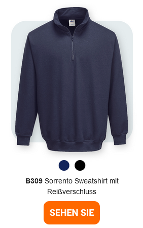 Ein dunkelblaues Sweatshirt mit Reißverschluss am Kragen, bezeichnet als "B309 Sorrento Sweatshirt mit Reißverschluss". Darunter befinden sich kleine Farbpunkte in Dunkelblau und Schwarz. Ein orangefarbener Button mit hinterlegtem Link zur Artikelseite ist unten im Bild platziert.