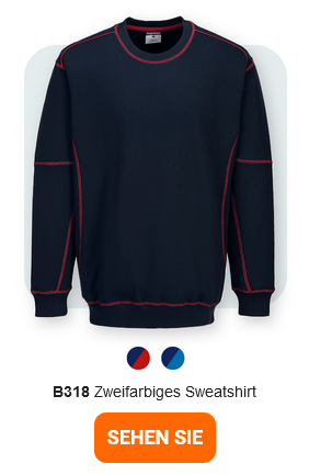 Ein zweifarbiges Sweatshirt, bezeichnet als "B318 Zweifarbiges Sweatshirt". Das Sweatshirt ist dunkelblau mit roten Nähten. Darunter befinden sich kleine Farbpunkte in Rot und Blau. Ein orangefarbener Button mit hinterlegtem Link zur Artikelseite ist unten im Bild platziert.