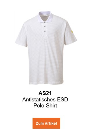 Bild des Antistatischen ESD Polo-Shirts AS21 in Weiß mit hinterlegtem Link, der zum Artikel führt.