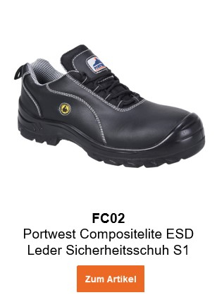 Bild des Portwest Compositelite ESD Leder Sicherheitsschuhs S1 FC02 in Schwarz mit hinterlegtem Link, der zum Artikel führt.