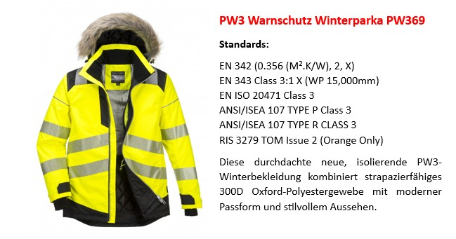 Bild des PW3 Warnschutz Winterparkas PW369 in Gelb mit hinterlegtem Link zur Artikelseite.