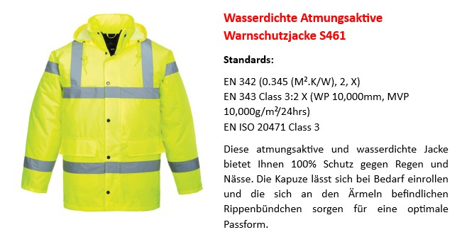 Bild der Wasserdichten, Atmungsaktiven Warnschutz-Jacke S461 in Gelb mit hinterlegtem Link, der zur Artikelseite führt.