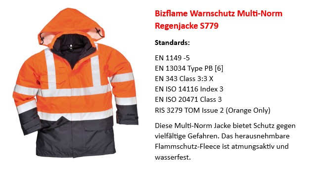 Bild der Bizflame Warnschutz Mulit-Norm Regenjacke S779 in Orange mit hinterlegtem Link, der zur Artikelseite führt.