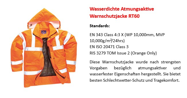 Bild der Wasserdichten, Atmungsaktiven Warnschutzjacke RT60 in Orange mit hinterlegtem Link zur Artikelseite.