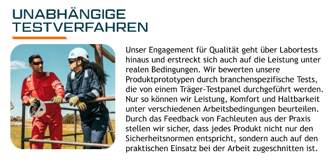 Bild zweier Arbeiter in roter und blauer Schutzkleidung, die sich auf ein Geländer gelehnt unterhalten. Darüber befindet sich die Überschrift "Unanhängige Testverfahren", rechts davon ein Textkasten, der erklärt, warum externe Tests wichtig sind.