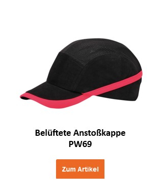 Eine schwarze, belüftete Anstoßkappe mit einem roten Streifen, bezeichnet als "Belüftete Anstoßkappe PW69". Ein orangefarbener Button mit der Aufschrift "Zum Artikel" ist unten im Bild platziert und führt zur Artikelseite.