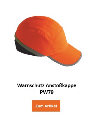 Eine orangefarbene Warnschutz-Anstoßkappe mit grauen Akzenten, bezeichnet als "Warnschutz Anstoßkappe PW79". Ein orangefarbener Button mit der Aufschrift "Zum Artikel" ist unten im Bild platziert und führt zur Artikelseite.