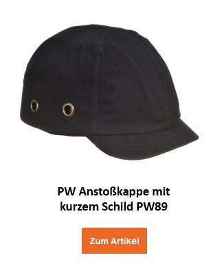 Eine schwarze Anstoßkappe mit kurzem Schild und Belüftungslöchern an den Seiten, bezeichnet als "PW Anstoßkappe mit kurzem Schild PW89". Ein orangefarbener Button mit der Aufschrift "Zum Artikel" ist unten im Bild platziert und führt zur Artikelseite.