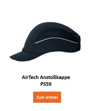 Eine schwarze Anstoßkappe mit integrierter Belüftung, bezeichnet als "Air Tech Anstoßkappe PW59". Ein orangefarbener Button mit der Aufschrift "Zum Artikel" ist unten im Bild platziert und führt zur Artikelseite.